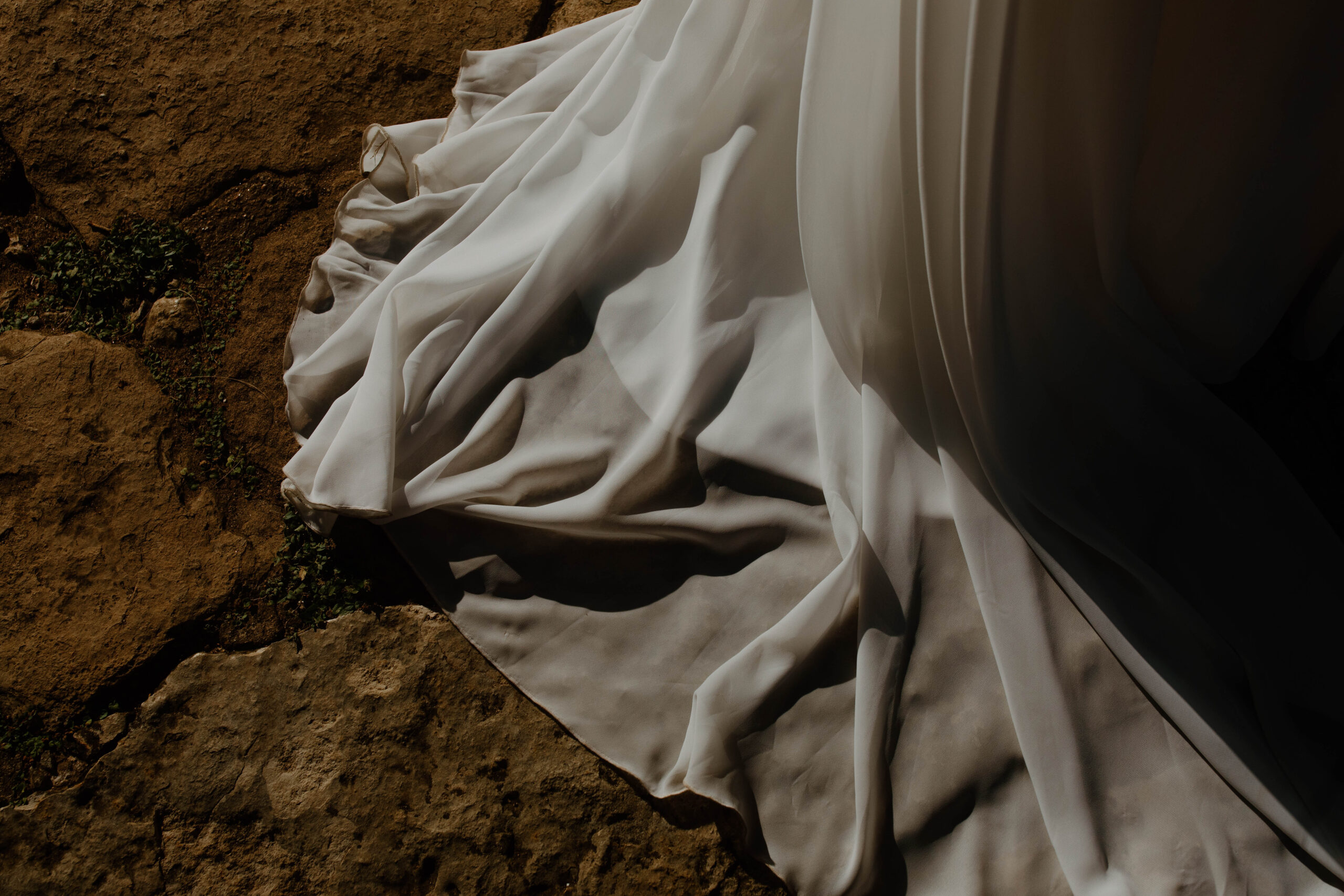 Detail Photo of a wedding dress at an intimate wedding. 