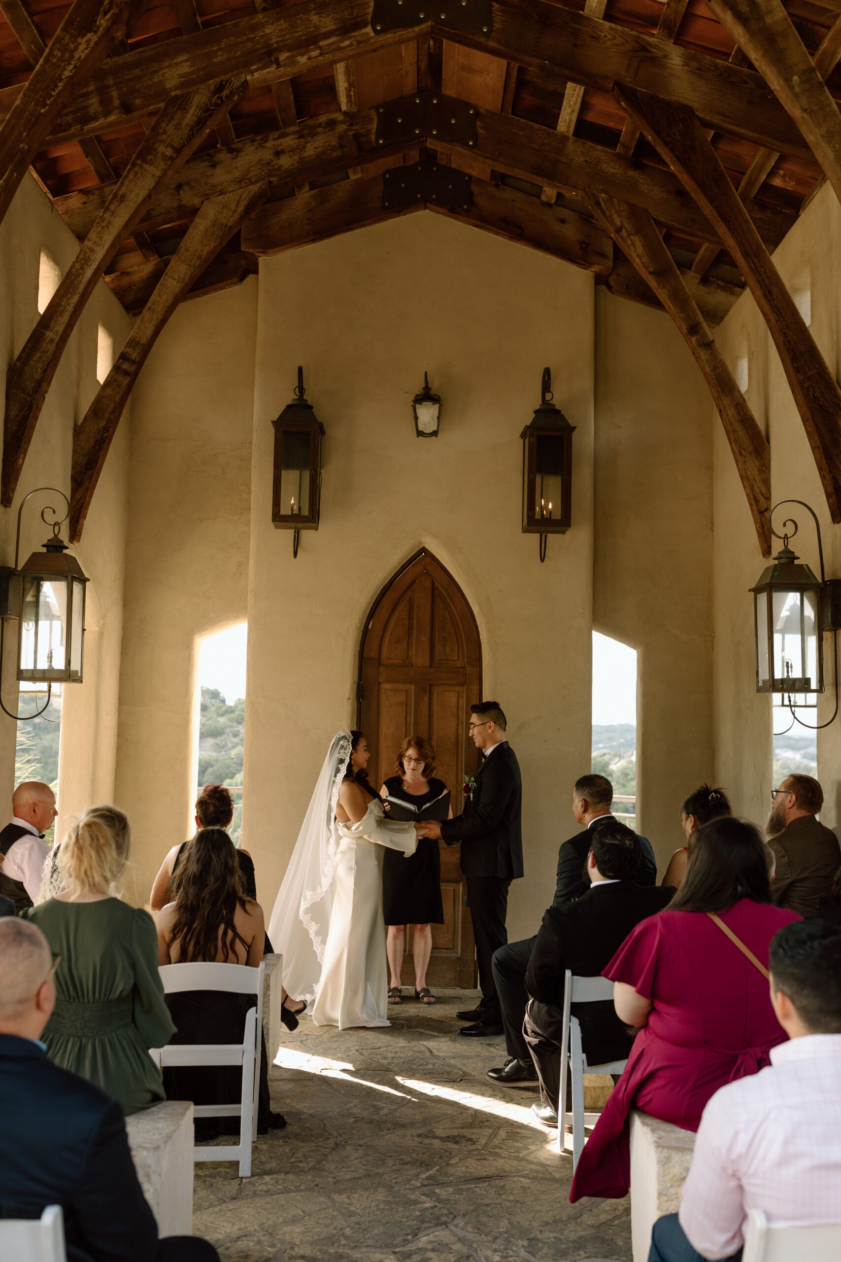 A wedding ceremony at Chapel Dulcinea in Austin Texas. Taken in May of 2024 around sunset. 