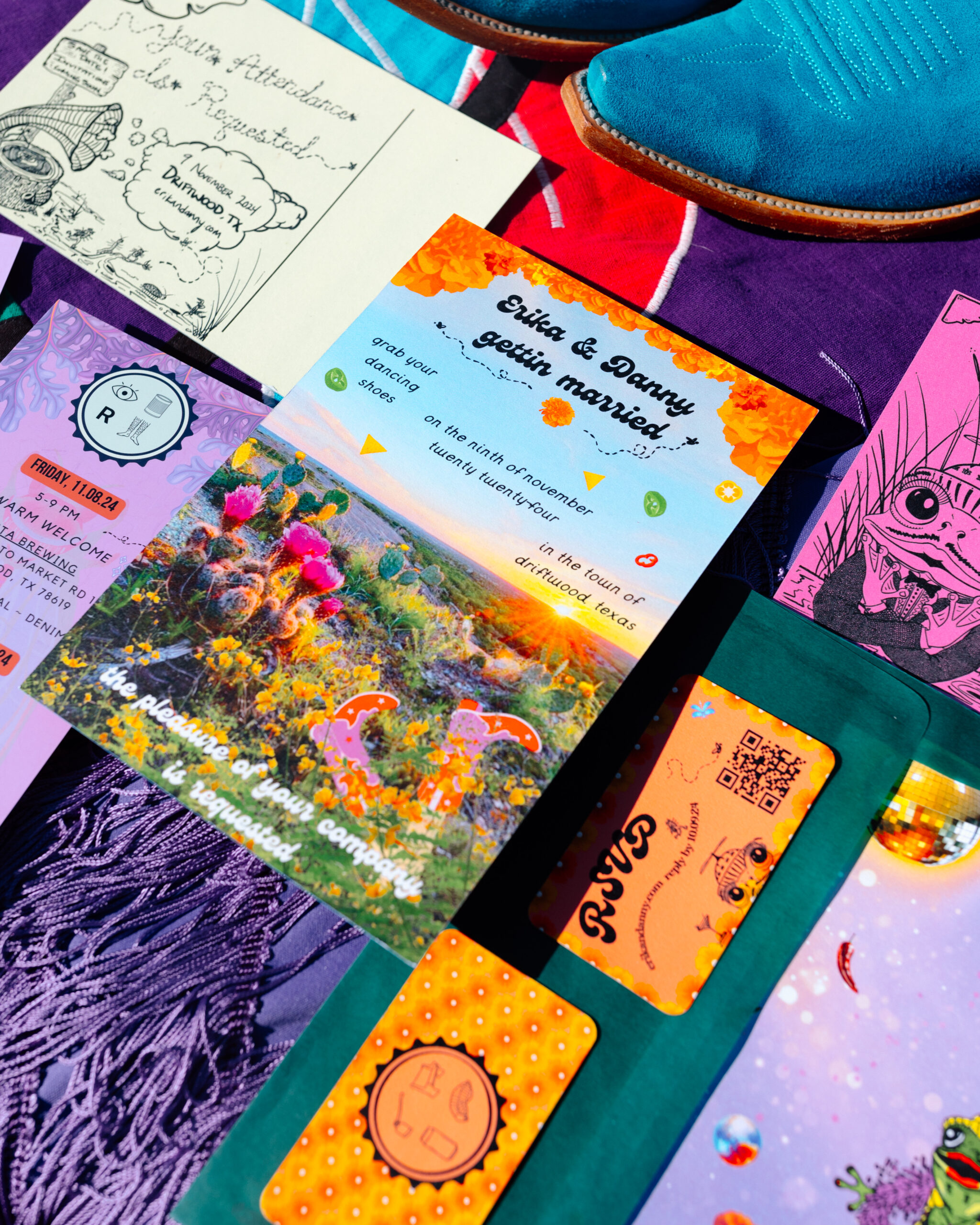 Wedding invitation suite for a celebration at Felton Ranch featuring bright colors, hand drawn doodles, and matching cards.