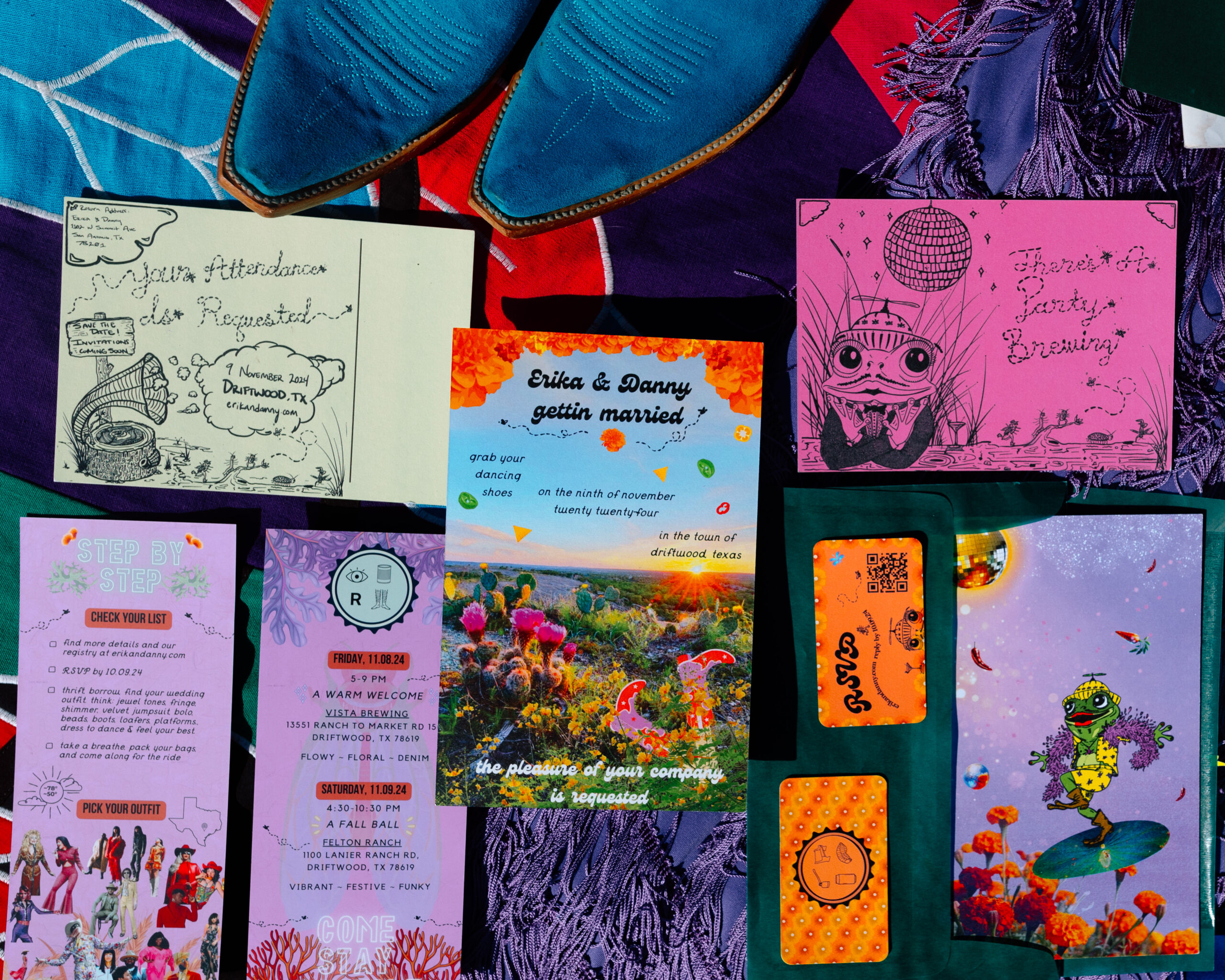 Wedding invitation suite for a celebration at Felton Ranch featuring bright colors, hand drawn doodles, and matching cards.